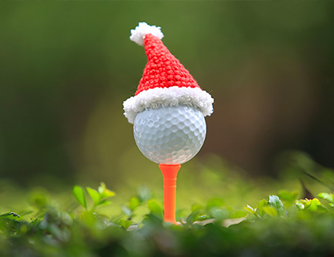 A golfball with a santa hat