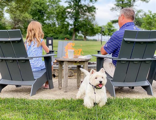 Father and daughter making s'mores by the fire pit with a dog