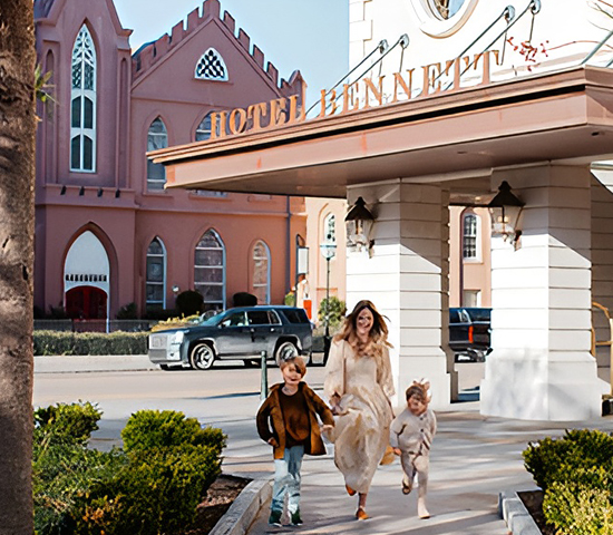 Family at hotel entrance