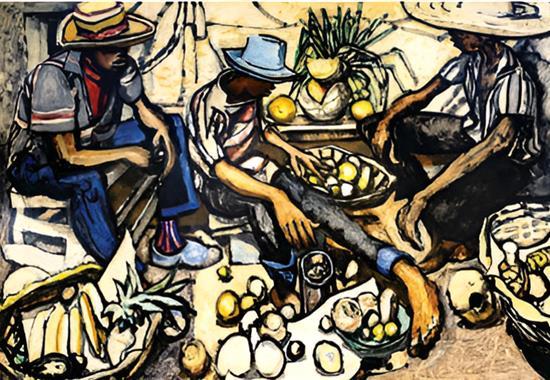 oil painting of men selling food