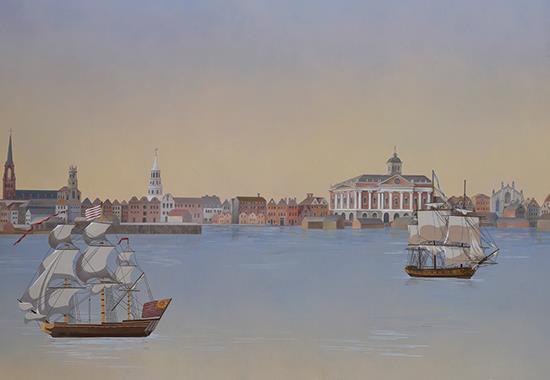 mural of boats in harbor