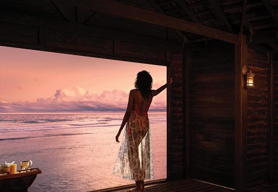 woman looking at ocean at dusk