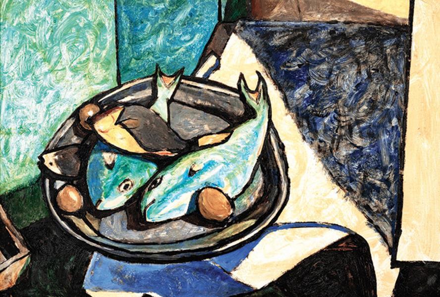 oil painting of fish on plate