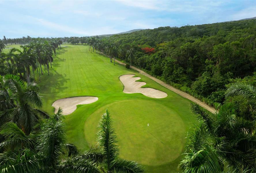 half moon aerial view of golf course