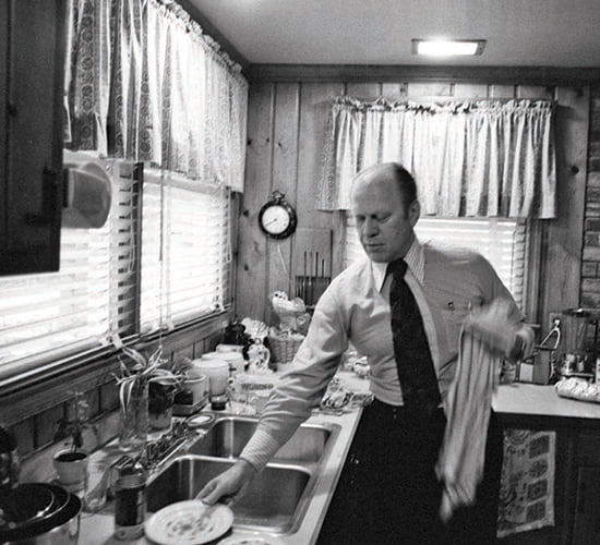 President Gerald Ford washing dishes