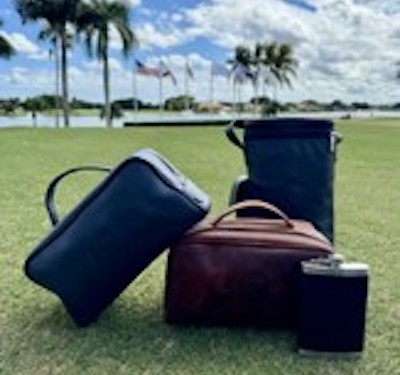 Fine Leather Collection: Travel Kit, Dual Bottle Wine Bag, Flask