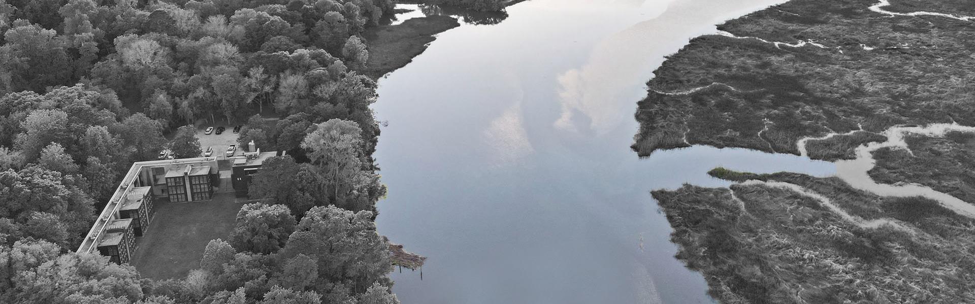 A black and white aerial shot of the property