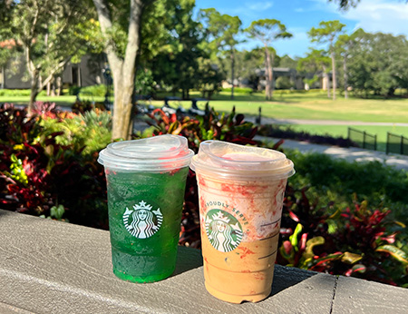two drinks next to the fairways