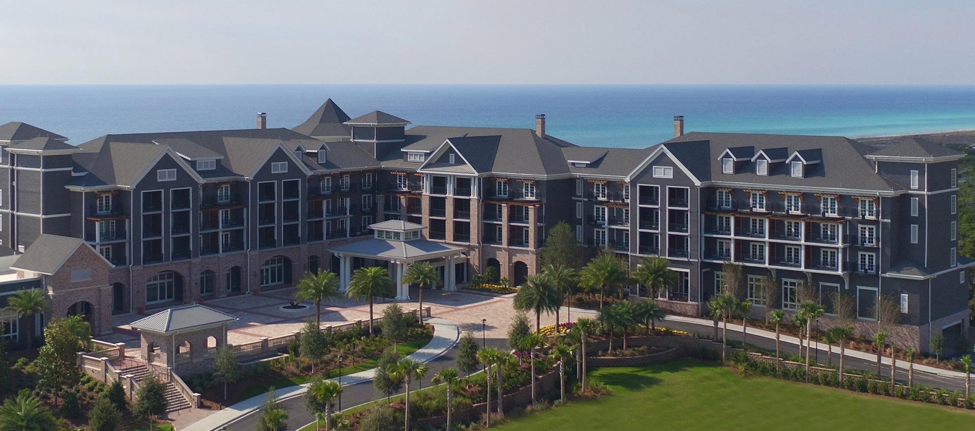 Aerial view of front of hotel