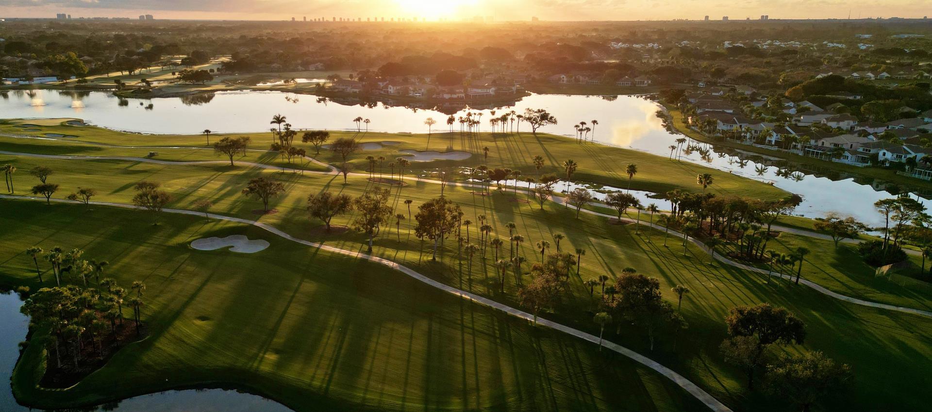 An aerial shot of the property during golden hour